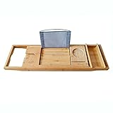 Badewannentablett ausziehbar, Badewannenbrett Badewannenauflage Wannenaufsatz mit Weinregal und Schallwand für Tablet Kindle iPad Smartphone