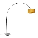 Qazqa - Modern Bogenlampe schwarz mit Veloursschirm ockergelb mit Gold I Messing 50 cm - XXL I Wohnzimmer I Schlafzimmer - Stahl Länglich I Zylinder I Rund - LED geeignet E27