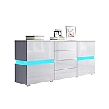 Senvoziii Sideboard Kommode in Hochglanz Weiß Highboard Anrichte Standschrank mit 2 Türen 4 Schubladen und LED Beleuchtung 177 cm