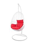 Kideo Swing Chair, Lounge-Möbel, Loungesessel Polyrattan, Hängestuhl, Hängesessel mit Gestell & Kissen (weiß/rot)