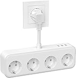 Mehrfachsteckdose mit USB, Doppelstecker für Steckdose, 4 Fach Mehrfachstecker mit 3 USB, 7 in 1 Steckdosenadapter mit 0.1M Kurz Kabel, Mehrfachstecker, USB Steckdose für Büro, Zuhause, Weiß