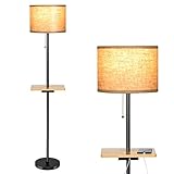 COSTWAY Stehlampe mit Tablett, 3 in 1 Standleuchte mit Metallrahmen & Eisen Basis, Stehleuchte aus Leinenstoff & Kautschukholz, Bodenlampe 153cm für Wohnzimmer Garderobe, Büro