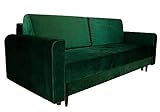 Schlafsofa mit Bettkasten 191x61 cm (Liegefläche 195 x 145 cm) – mit Armlehnen, Zwei Kissen – Stoff: Velour, Farbe Dunkelgrün – Sofa 3 Sitzer, leicht abwischbar, für Wohnzimmer/Gästezimmer