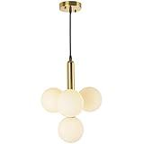 BAODEN 4-flammig Modern Glaskuge Pendelleuchte Hängelampe Mid Century Messing Gold Kronleuchter mit White Globus Glas Lampenschirm, Hängeleuchte für Wohnzimmer, Esszimmer, Schlafzimmer, Küche