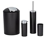 WENKO Badezimmer Zubehör Set Calvo 4-teilig Seifenspender Zahnputzbecher WC-Bürste Toilettenbürste WC-Garnitur Kosmetikeimer Schwarz mit Chrom Details aus Kunststoff