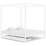 MOONAIRY Himmelbett-Gestell 2 Schubladen, Bett, Bettgestell, Jugendbett, Schlafzimmer Bett, Schlafzimmer Komplett, Bed Fram, Stauraumbett, Weiß Kiefernholz 180x200cm