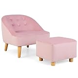 COSTWAY Kindersofa mit Hocker, Kinderstuhl mit Flügellehne, Kleines Sofa für Kleinkinder 3-5 Jahre, Samt-Kindercouch für Spielzimmer & Kinderzimmer, Kindersessel mit Ottomane (Rosa)