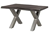 MASSIVMOEBEL24.DE | Freeform 5 - Baumtisch aus Mangoholz - grau lackiert | X-Beine in Silber matt | 140x90x77 | Massivholztisch Baumkantentisch Esstisch