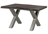MASSIVMOEBEL24.DE | Freeform 5 - Baumtisch aus Mangoholz - grau lackiert | X-Beine in Silber matt | 140x90x77 | Massivholztisch Baumkantentisch Esstisch
