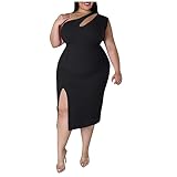 Plus Size Sommer Kleider Skims Kleid Skinny Eine Schulter Schlitz Einfarbig Asymmetrisches Kleid, Schwarz , XXX-Large