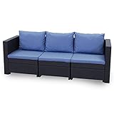Keter - 3-Sitzer Rattan Sofa Premium Panama Garten Lounge mit Kissen in Blau - Balkon Gartenbank inkl. Polster - Outdoor Möbel wetterfest - Größe 199x68x72cm