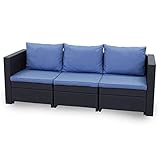 Keter - 3-Sitzer Rattan Sofa Premium Panama Garten Lounge mit Kissen in Blau - Balkon Gartenbank inkl. Polster - Outdoor Möbel wetterfest - Größe 199x68x72cm