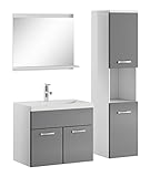 Badezimmer Badmöbel Set Montreal 60 cm Waschbecken Hochglanz Grau Fronten - Unterschrank Hochschrank Waschtisch Möbel