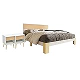 fangqi Schlafzimmer-Set(3-St),Holzbett Einzelbett mit Nachttisch*2 Bett mit Kopfteil Stauraumbett aus Bettgestell mit Lattenrost-90x200 cm Natürlich& Weiß Klassischen Landhausstil