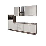 RIWAA - Küchenzeile Belfast mit Elektrogeräten und Midi-Umbauschrank - 13-teilig - Breite 270 cm - Creme Samtmatt/Eiche Dekor