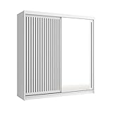 BETTSO -Schwebetürenschrank 203 cm mit Spiegel, Gerillte Fronten Kleiderschrank mit Kleiderstange und Einlegeboden Schlafzimmer- Schiebetüren-Lay 203 Weiß+Grau Lamelen