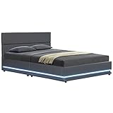 Juskys Polsterbett Toulouse 140x200 cm mit Bettkasten, LED Beleuchtung & Lattenrost - Bezug aus Kunstleder - Bett Jugendbett Stauraumbett - grau