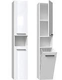 ADGO Nel III Badezimmerschrank mit kurzen Türen und Korb Abmessungen des Schrankes sind 30 cm tief, 31 cm breit, 174 cm hoch Funktioneller Regal für Kleidung, Handtücher (Glänzendes Weiß)