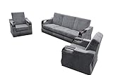 mb-moebel Polstergarnitur Sofa 3er & 2X Sessel 3-1-1 Möbel Set mit Bettkasten und Schlaffunktion Grau Clint 311