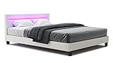 Polsterbett Texas LED Bett 140 x 200 cm Luxusbett Einzellbett Jugendbett Gästebett Bettgestell mit LED Beleuchtung und Fernbedienung Designer Bett Lattenrost & Kopfteil Kunstleder & Holz weiss