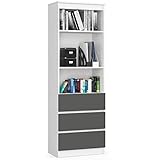 AKORD Büro-Bücherregal CLP 60 cm | 3 Schubladen 2 Einlegeböden Stehend | für Schrank Wohnzimmer Schlafzimmer Bücherregale| 60x35x180 cm | Laminierte Platte 16 mm | Farbe Weiß/Graphitgrau
