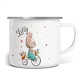 MIKALINO Emaille Tasse Mädchen - Trinkbecher Kinder personalisiert - Emaille Becher mit Hasen-Motiv - Kindertasse mit Namen - Kindertasse bedruckt - Emaille Becher Weiß