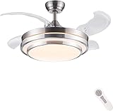 KLUFO Deckenventilator mit Licht und Fernbedienung, mit versenkbaren Schaufeln, 42 cm Deckenventilator mit Licht, unsichtbarer umkehrbarer DC-Motor leise, Schlafzimmer-Lüfterlicht, 5-Gang-Timing