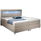 Supply24 since 2004 Designer Boxspring Bett Venedig mit Stoffbezug Strasssteine LED Beleuchtung Federkern Matratze inklusive Topper Luxus Polsterbett Stoffbett Boxspringbett (180 x 200 cm, Beige)