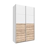 Bloomwood KUMOX Kleiderschrank, moderner Schwebetürenschrank 136 cm breit, 210 cm hoch 2-türig mit Einlegeböden und Kleiderstangen, Made in Germany, Alpinweiß und Eiche Sanremo