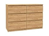 VBChome Kommode mit 6 Schubladen Eiche 120 x 39 x 81 cm Grifflose Schubladenkommode Holz Mehrzweckschrank Mehrzweckschrank für Flur Schlafzimmer Wohnzimmer Kinderzimmer Einfache Montage