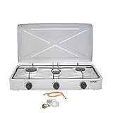 Peak Camping Gaskocher Set | 2-flammig, 3-flammig, 4-flammig | Tragbarer Gasherd Gaskocher, Campingkocher Weiß Schwarz Grau| Gaskochfeld | inkl. Gasschlauch und Gasregler (3 flammig Silber)