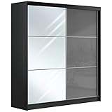 MKS MEBLE Kleiderschrank mit Spiegel 200 cm - Schwebetürenschrank Flurschrank Wardrobe - Schlafzimmerschrank Sammlung Valencia - Schwarz-Grau mit Spiegel - Modern Design