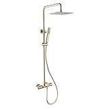 Wandmontage Duscharmatur Set, Gold Gebürstet Bad Duschsystem Mit 10' Regenfall Duschkopf Thermostat Badewanne Duschmischer Regen Duschkopf Platz Hand Dusche und Duschschlauch Set,B