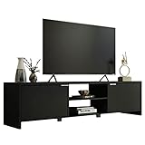 Madesa TV-Schrank, Fernsehtisch, TV-Regal, Lowboard, Entertainment Center mit 2 offenen Fächern, 2 Tür mit Stauraum, für Wohnzimmer, für Fernseher bis zu 75 Zoll, 180 x 39 x 47 cm, aus Holz – Schwarz