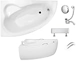 VBChome Badewanne 150x100 cm Acryl SET Schürze Siphon Wanne Ecke Eckbadewanne Weiß Design Modern Ablaufgarnitur Viega Simplex Wanne links Schürze Ablaufgarnitur Füße Griffe Kopfstütze