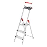 Hailo L84 ComfortLine Alu-Sicherheits-Stehleiter | 3 XXL-Stufen belastbar bis 150 kg | Tiefe Standfläche & Haltegriff | Stehleiter mit Ablage | Aluleiter Made in Germany | Leiter rostfrei | Silber