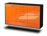 Sideboard Corona, Korpus in anthrazit matt, Front im Hochglanz-Design Orange (136x77x35cm), inkl. Metall Griffen, Wandmontage, Made in Germany