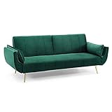 Invicta Interior Retro Schlafsofa DIVANI 220cm smaragdgrün Samt goldene Füße Bettfunktion 3er Sofa Schlafcouch Schlaffunktion Couch