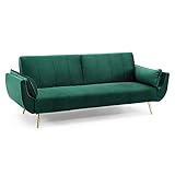 Invicta Interior Retro Schlafsofa DIVANI 220cm smaragdgrün Samt goldene Füße Bettfunktion 3er Sofa Schlafcouch Schlaffunktion Couch