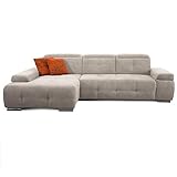 CAVADORE Schlafsofa Mistrel mit Longchair XL links / Große Eck-Couch im modernen Design / Mit Bettfunktion / Inkl. verstellbare Kopfteile / Wellenunterfederung / 273 x 77 x 173 / Kati Grau-Weiss