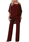 shownicer Hosenanzug Damen Tüll Abendanzug Sets Zweiteiler Chiffon Shirt Und Hohe Taille Hosenanzug Elegant Vintage 2-Teiliges Set Outfit Cocktail Party Festlich Hosenanzug B Rot XL