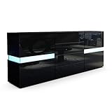 Vladon Sideboard Kommode Flow, Korpus in Schwarz matt/Front in Schwarz Hochglanz inkl. LED Beleuchtung