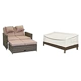 Greemotion Rattan-Lounge Bahia Twin, Sofa & Bett aus Polyrattan, 2er Garten-Sofa mit Stahl-Gestell, Daybed zweigeteilt, grau-Bicolor & Amazon Basics Abdeckung für tiefes 2-Sitzer-Loungesofa