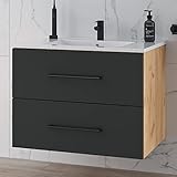 Planetmöbel Badmöbel Waschtischunterschrank hängend inkl. Waschbecken, Waschtischschrank LUX 70 cm, in den Farben Gold Eiche/Anthrazit