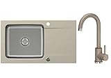 VBChome Spülbecken mit Armatur Beige 78x44 Edehlstahlbecken Granit Küchenspüle Siphon reversibel gesprenkelt Abtroffläche Verbundabtropffläche Einbauspüle Einzelbecken Modern