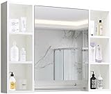 Badezimmerspiegelschrank aus massivem Holz, lackfrei, mit Handtuchhalter, Badezimmerspiegelkasten, Toilettenwand, Aufbewahrungsschrank aus Holz (Farbe: Weiß, Größe: 90 x 14 x 75 cm) (Weiß 90