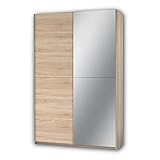 Stella Trading FAST Eleganter Kleiderschrank / Garderobenschrank mit Spiegeltür & viel Stauraum - Vielseitiger Schwebetürenschrank in Sonoma Eiche Optik - 125 x 195 x 38 cm (B/H/T)