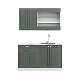 Vicco Küchenzeile Küchenblock Einbauküche Fame-Line Single Landhaus 140 cm modern Küchen Schränke Spülenunterschrank Schubunterschrank Hängeschrank Hängeglasschrank (Weiß-Grün-Gold)