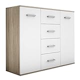 Komodenschrank mit 4 Schubladen, Farbe: Sonoma Eiche / Weiß, A: 112 x 85 x 33 cm, Schubladenkommode, Kommode mit Schubladen, Schlafzimmer Kommode, Kommode Flur, Highboard, Sideboard Wohnzimmer