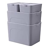 RMAN Aufbewahrungsbox mit Deckel, 4er Set Stapelbare Kunststoff(PP) Aufbewahrungsboxen mit Griffen, 25L/15L/5L StorageBox, Stoffbox, Aufbewahrungskorb, Würfel, Grau